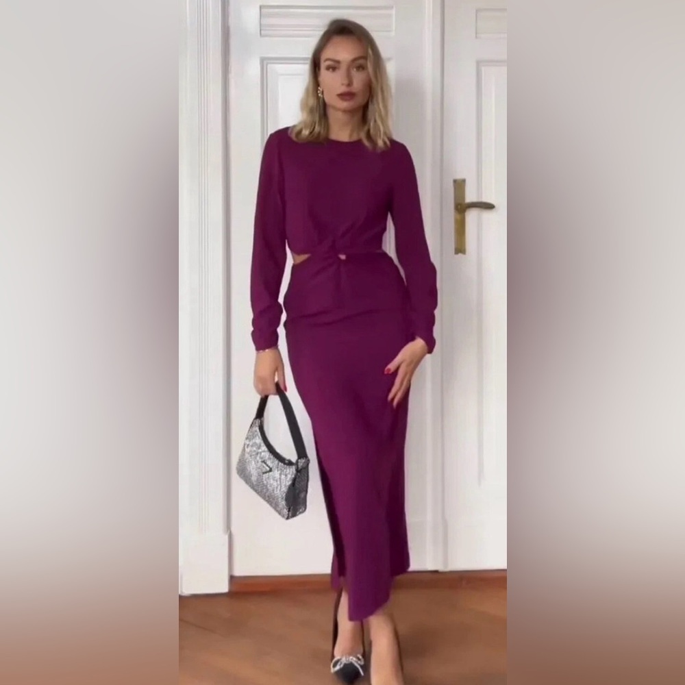 Zara Fuchsia Midi Cutout Long Sleeve Dress Size Small
